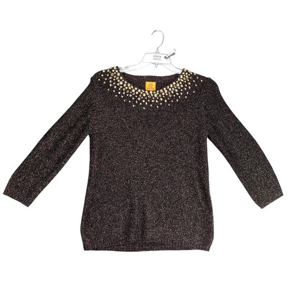 Ruby Rd Metallic Gold Rhinestone Black Top Women's M 3/4 Sleeve Glam Party Fairy - Picture 1 of 10